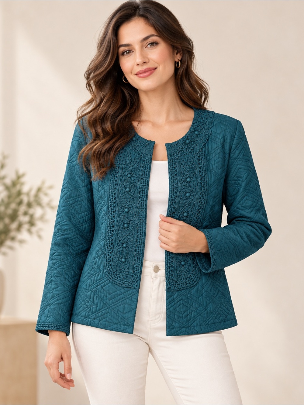 CHICO’s QUILTED SILK OPEN FRONT JACKET EMBROIDERED FRONT PANEL TEAL SIZE 3 18/20